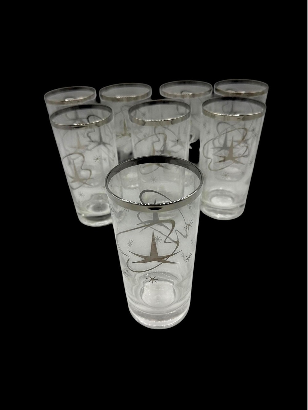 MCM Barware Set of Eight Glasses Highball Mid Century Atomic Silver Starburst